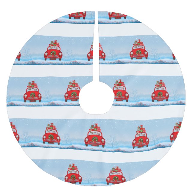 Jupon De Sapin En Polyester Brossé Chien beagle En Voiture Avec Le Père Noël (Devant)