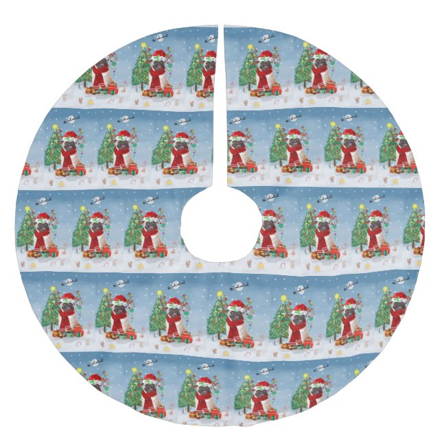 Jupon De Sapin En Polyester Brossé Chien carlin en neige avec cadeaux de Noël (Devant)