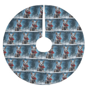 Jupon De Sapin En Polyester Brossé Chien de Heeler Bleu à Noël de neige