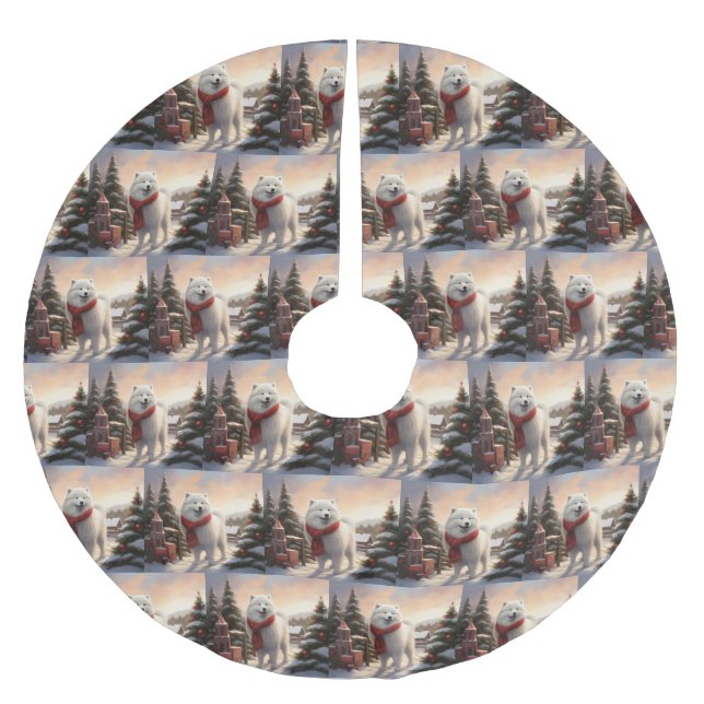 Jupon De Sapin En Polyester Brossé Chien Samoyé à Noël de neige (Devant)