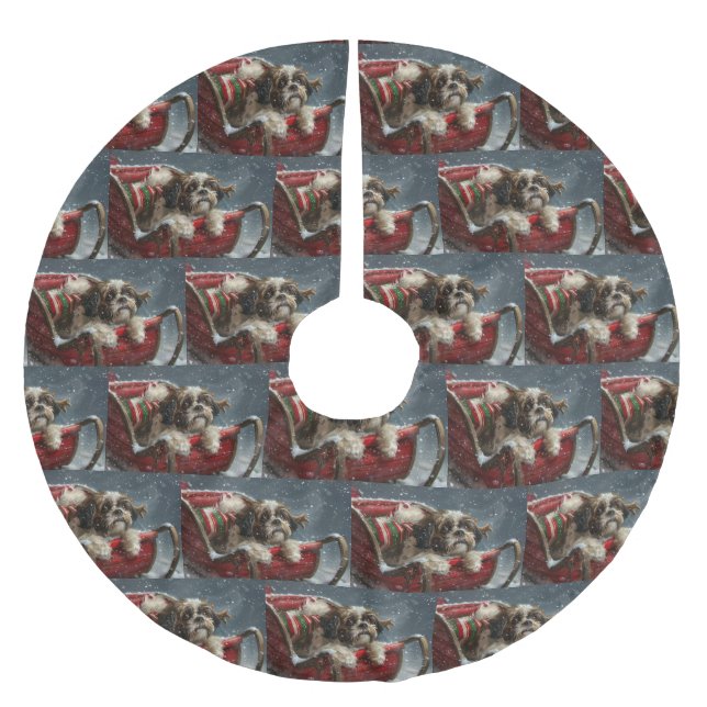 Jupon De Sapin En Polyester Brossé Chien Shih Tzu Noël Festif (Devant)