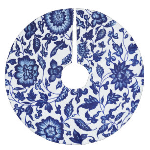 Jupon De Sapin En Polyester Brossé Chinois bleu marine foncé motif floral sur blanc