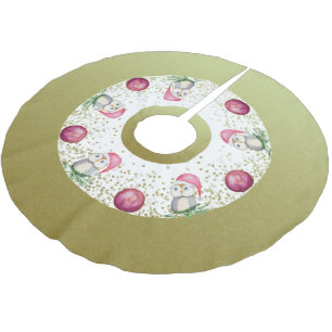 Jupon De Sapin En Polyester Brossé Chouette rose mignonne et boules de Noël pailletée