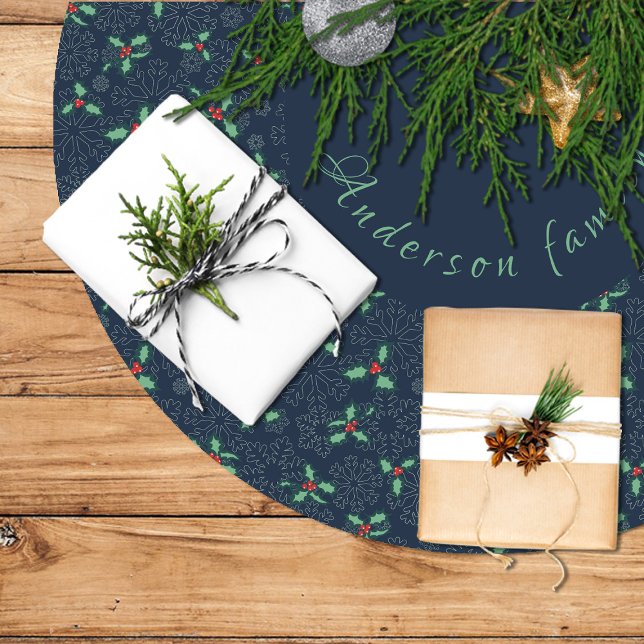 Jupon De Sapin En Polyester Brossé Christmas tree skirt, holly and snowflakes on blue (Christmas tree skirt, holly and snowflakes on blue brushed polyester tree skirt)