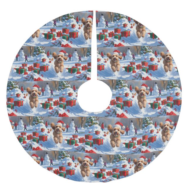 Jupon De Sapin En Polyester Brossé Cockapo coule en neige avec Casquette de Noël (Devant)