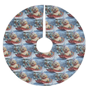 Jupon De Sapin En Polyester Brossé Cockapoo Dog in Sledge Let it Neige Christmas