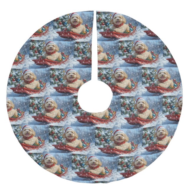 Jupon De Sapin En Polyester Brossé Cockapoo Dog in Sledge Let it Neige Christmas (Devant)