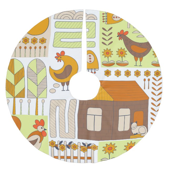 Jupon De Sapin En Polyester Brossé Coq, poules, dessin géométrique floral. (Devant)