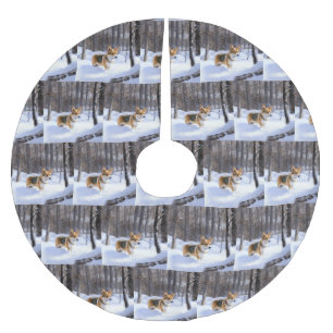 Jupon De Sapin En Polyester Brossé Corgi laisse neiger Noël