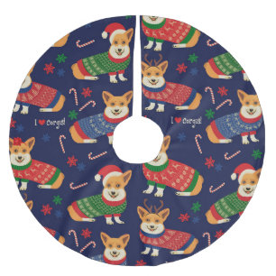 Jupon De Sapin En Polyester Brossé Corgis de Noël : Illustration Vintage festive.