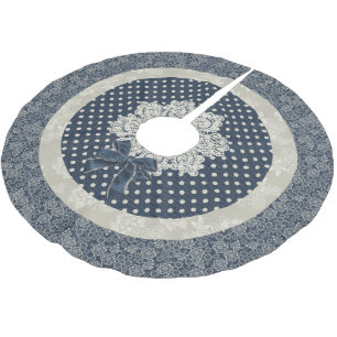 Jupon De Sapin En Polyester Brossé Cottage Chic Bleu et ivoire Jupe d'arbre de Noël