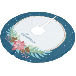 Jupon De Sapin En Polyester Brossé Couronne de Noël Poinsettia sur fond bleu foncé
