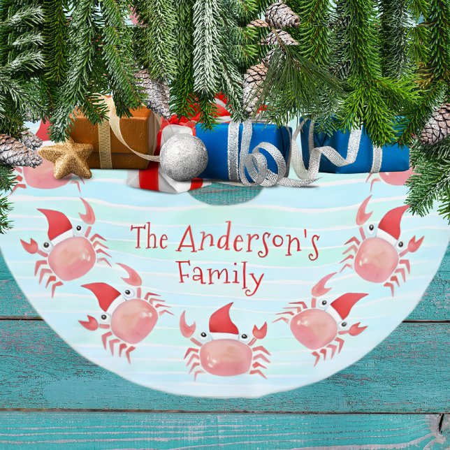 Jupon De Sapin En Polyester Brossé Crabe rouge mignon avec Santa Hat Noël côtier (Créateur téléchargé)