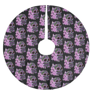 Jupon De Sapin En Polyester Brossé Crâne de sucre noir floral rose Jour des morts