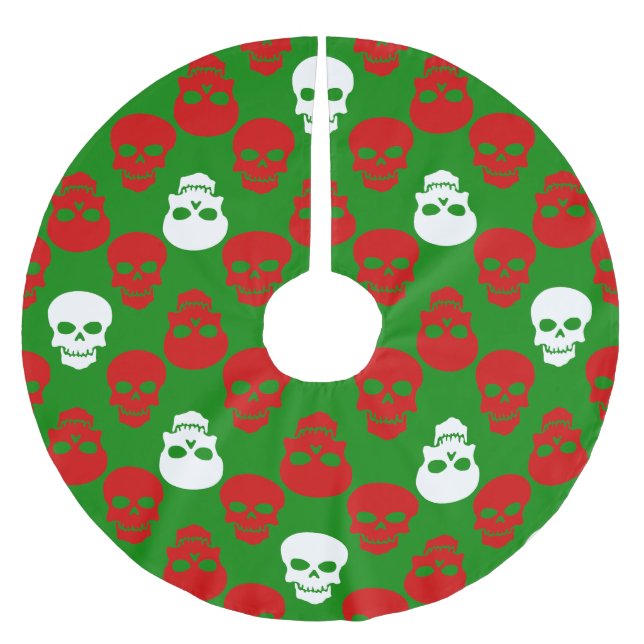 Jupon De Sapin En Polyester Brossé crâne moche de Noël rouge blanc vert (Devant)