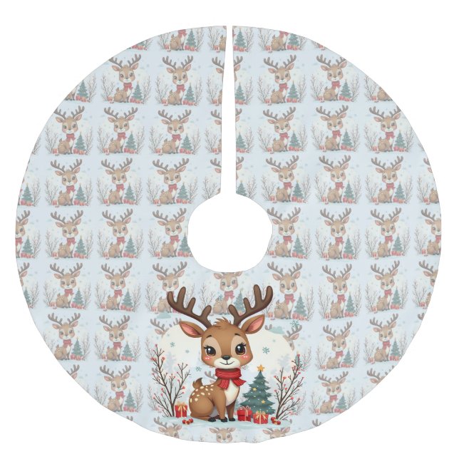 Jupon De Sapin En Polyester Brossé Cute Christmas Reindeer Scene Snowy Forest (Devant)