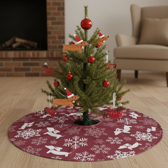 Jupon De Sapin En Polyester Brossé Dachshund Arbre de Noël Jupe Wiener Chien vacances (Red and white dachshund Christmas tree skirt, featuring tiny dachshunds and snowflakes)