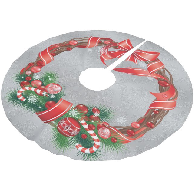 Jupon De Sapin En Polyester Brossé Damas d'argent avec couronne de Noël (Angle)