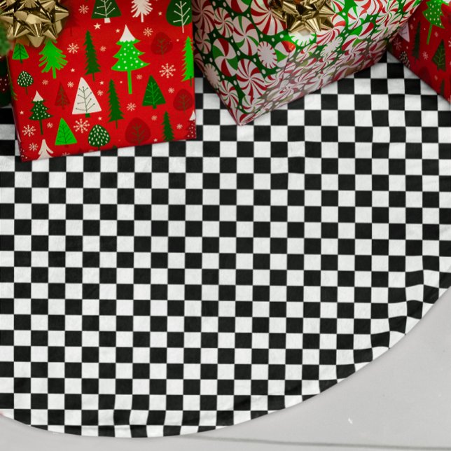 Jupon De Sapin En Polyester Brossé Damier noir et blanc (Black and White Check Brushed Polyester Tree Skirt)