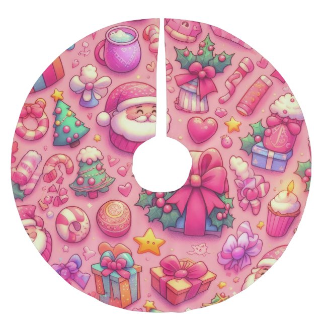 Jupon De Sapin En Polyester Brossé Dessin Motifs de Noël rose (Devant)