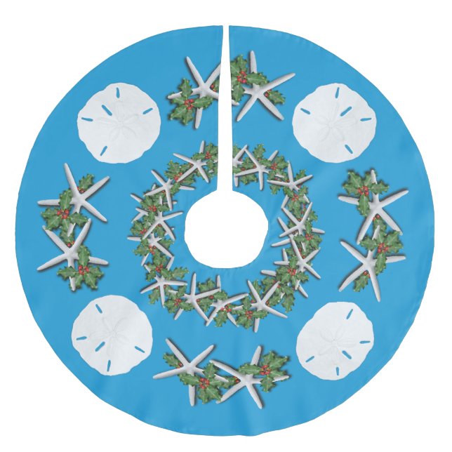 Jupon De Sapin En Polyester Brossé Dollars de sable de Noël tropicaux Starfish Turquo (Devant)