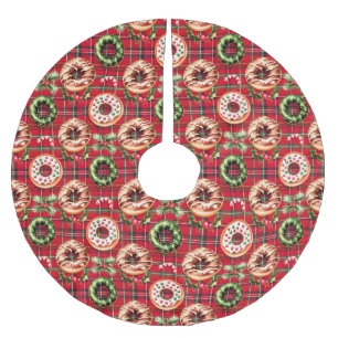 Jupon De Sapin En Polyester Brossé Donuts de Noël Rouge Rétro Rouge Tartan Plaid