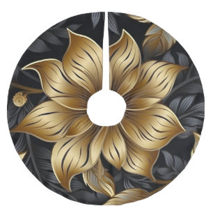 Jupon De Sapin En Polyester Brossé Elégant Black Gold Floral Design Noël