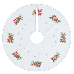 Jupon De Sapin En Polyester Brossé Élégant Blanc avec des Baies Rouges et des Étoiles