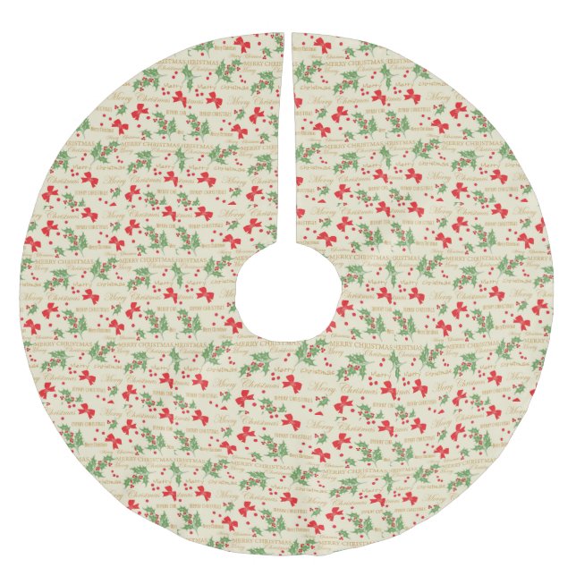Jupon De Sapin En Polyester Brossé Elegant Merry Christmas Red and Green Holly Berry (Devant)