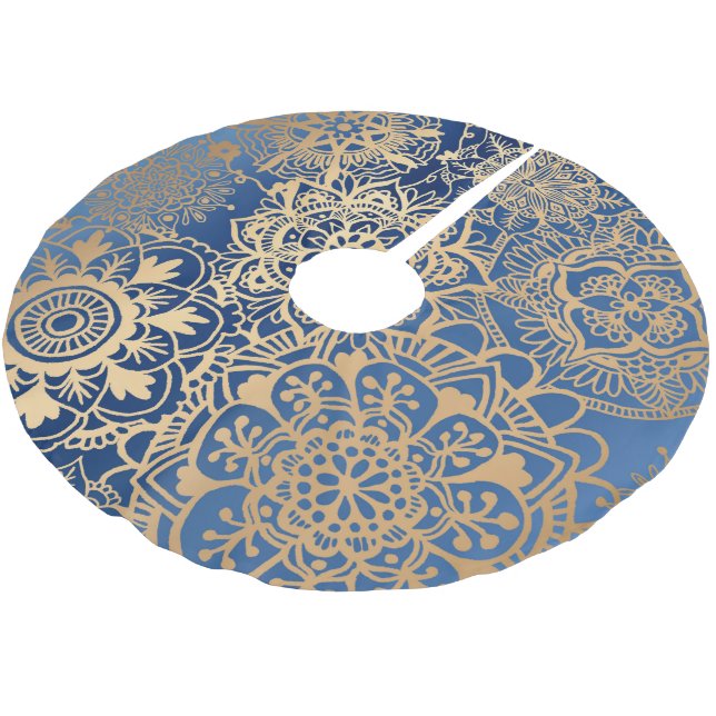 Jupon De Sapin En Polyester Brossé Élégant Motif de Mandala bleu et or (Angle)