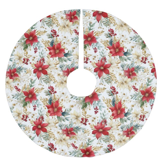 Jupon De Sapin En Polyester Brossé Élégant Noël Rouge Poinsettia (Devant)