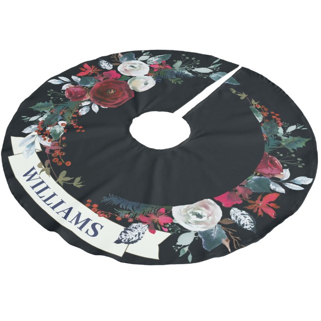 Jupon De Sapin En Polyester Brossé Élégant Noël Rouge Rose d'hiver Motif de couronne (Angle)