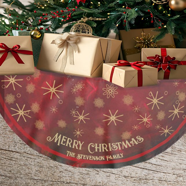 Jupon De Sapin En Polyester Brossé Élégant Red Gold Snowflakes Joyeux Noël (Elegant Red Gold Snowflakes Merry Christmas Brushed Polyester Tree Skirt)