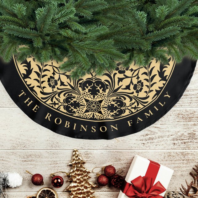 Jupon De Sapin En Polyester Brossé Élégant rouge or rétro Noël Floral (Créateur téléchargé)