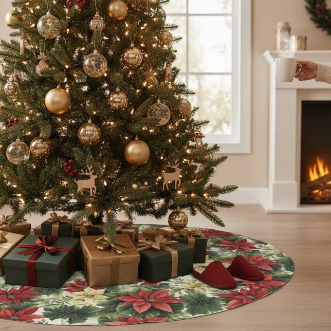 Jupon De Sapin En Polyester Brossé Élégant Rouge Poinsettia Floral Noël (Créateur téléchargé)