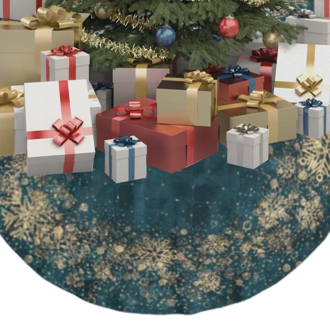 Jupon De Sapin En Polyester Brossé Élégant Turquoise velours foncé Gold Snowflakes No (Créateur téléchargé)