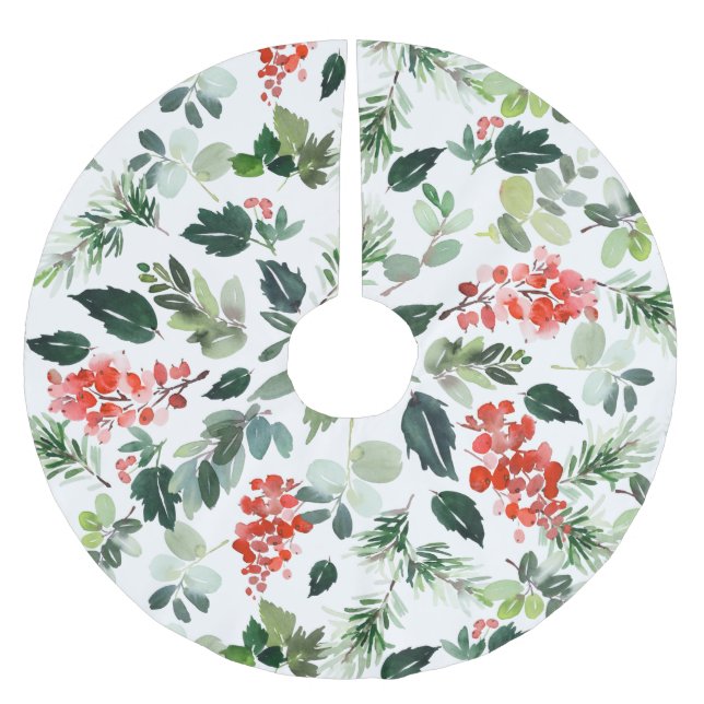 Jupon De Sapin En Polyester Brossé Elégante aquarelle Baies rouges Fruits verts Noël (Devant)