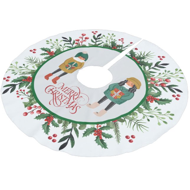 Jupon De Sapin En Polyester Brossé Elegante couronne moderne et script Joyeux Noël (Angle)