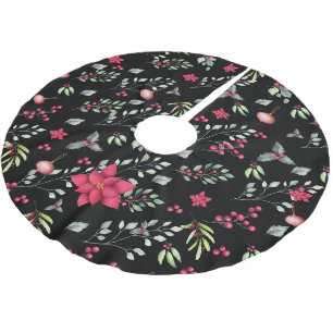 Jupon De Sapin En Polyester Brossé Elegante Green Feuilles Or Et Red Holly Berries