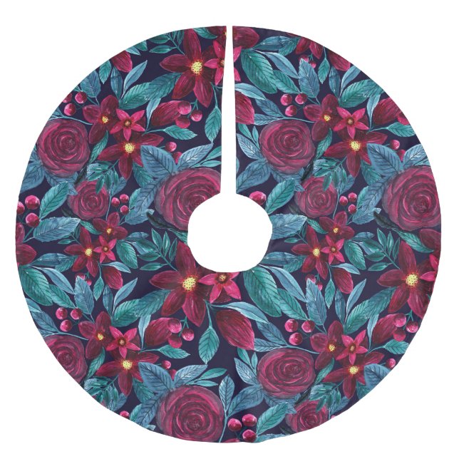 Jupon De Sapin En Polyester Brossé Elégante marine Bourgogne Noël Floral Aquarelle (Devant)
