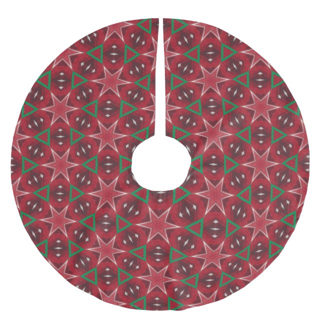 Jupon De Sapin En Polyester Brossé Etoile rouge et Motif de Noël géométrique vert (Devant)