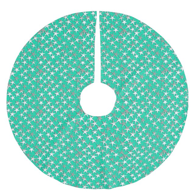 Jupon De Sapin En Polyester Brossé étoiles d'argent sur turquoise (Devant)