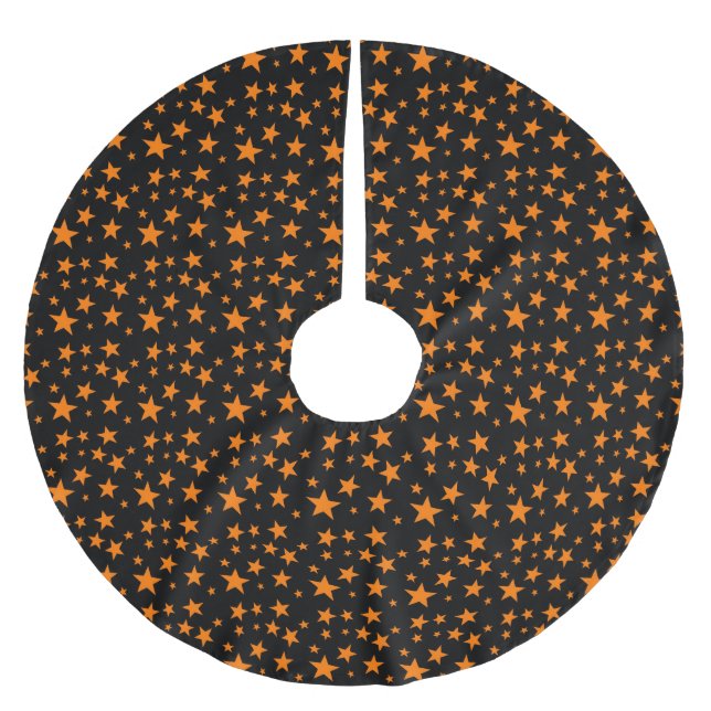 Jupon De Sapin En Polyester Brossé Étoiles d'Halloween orange et noir mignonnes (Devant)