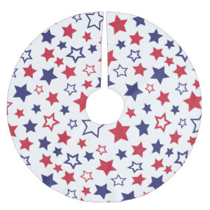 Jupon De Sapin En Polyester Brossé Étoiles rouges et bleues, 4 juillet, fond blanc