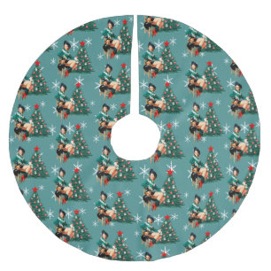 Jupon De Sapin En Polyester Brossé Femme vintage et arbre de Noël avec flocon de neig