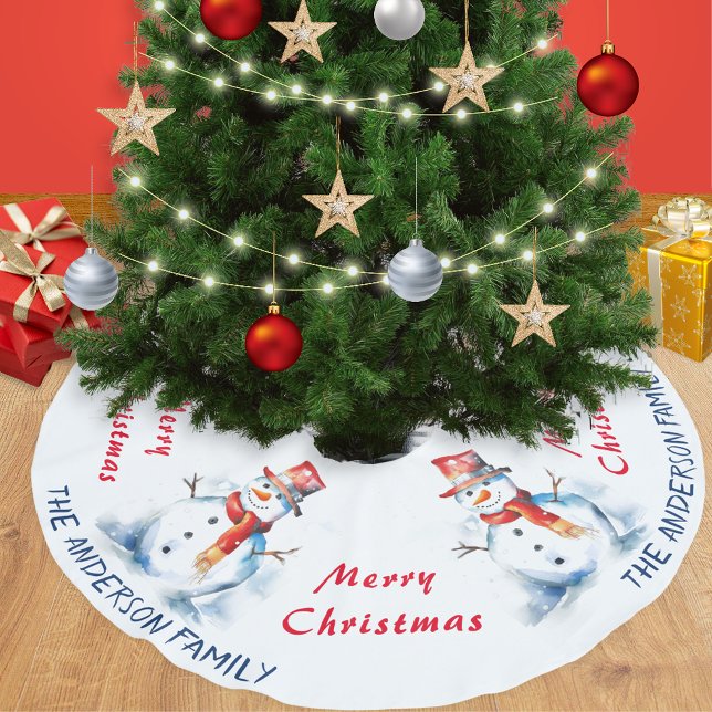 Jupon De Sapin En Polyester Brossé Festif aquarelle Snowman Custom Joyeux Noël (A personalized Christmas tree skirt with snowmen and Merry Christmas greeting)