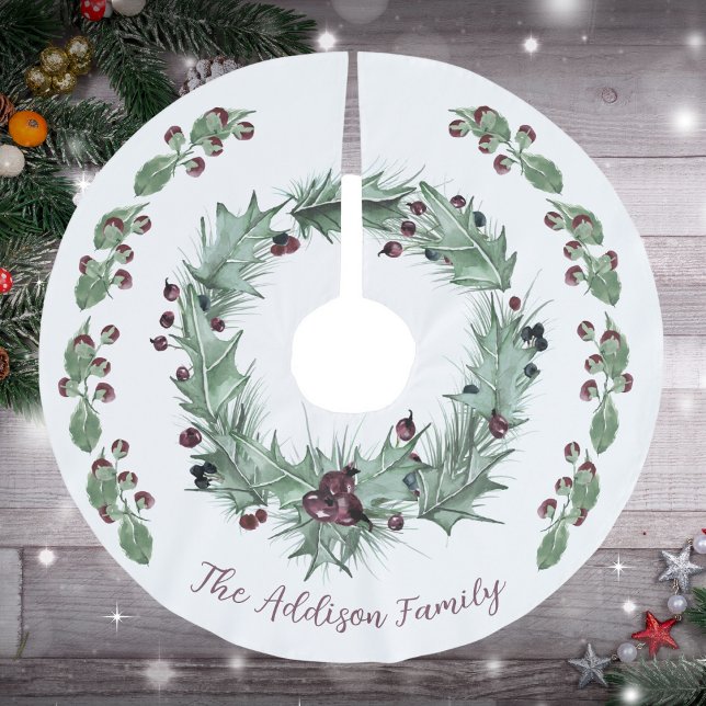 Jupon De Sapin En Polyester Brossé Festive Holly et Ivy Wreath Noël (Family Name, Festive Holly, Ivy Wreath, Plum, Brushed Polyester Tree Skirt)
