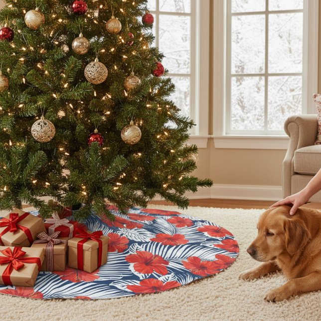 Jupon De Sapin En Polyester Brossé Feuillage tropical Hibiscus floral rouge | Noël (Créateur téléchargé)