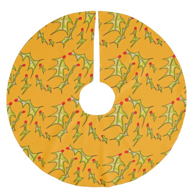 Jupon De Sapin En Polyester Brossé Feuilles de houx joyeuses sur or jaune  (Devant)