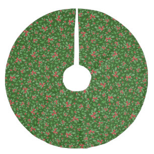 Jupon De Sapin En Polyester Brossé Feuilles et baies de Noël rouges et verts